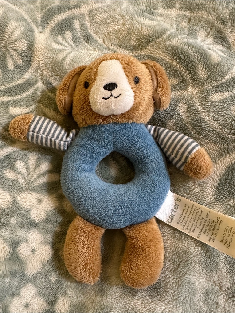 Carter's Blue and Brown Plush Baby Rattle Ring Toy
